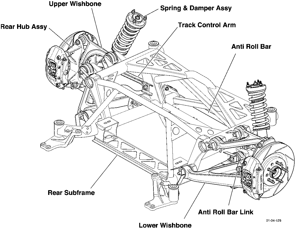 Diagram of rear suspension assembly showing Upper Wishbone, Spring & Damper Assy, Track Control Arm, Anti Roll Bar, Rear Hub Assy, Rear Subframe, Anti Roll Bar Link, and Lower Wishbone