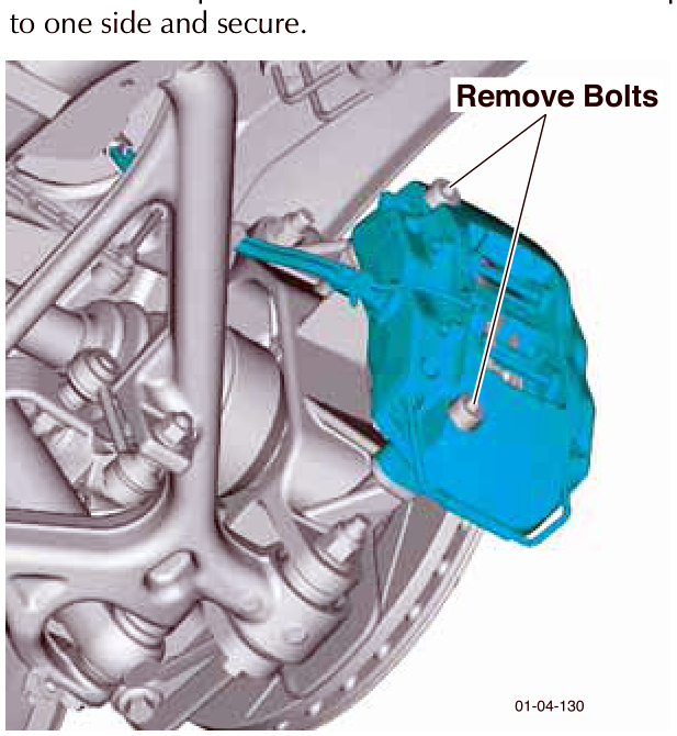 Diagram showing removal of bolts from a blue brake caliper assembly