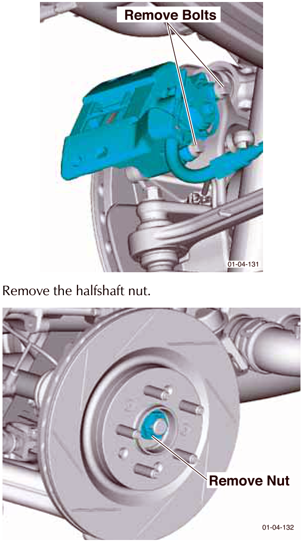 Diagram showing brake caliper assembly with callout 'Remove Bolts' pointing to two bolts on the top of the caliper.