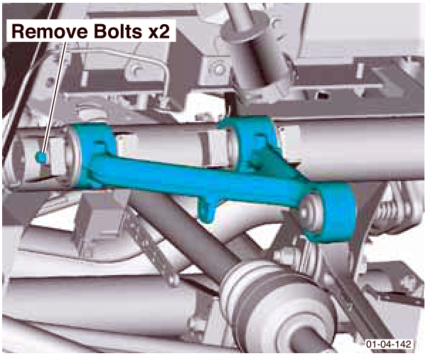 Upper suspension arm with two bolts indicated for removal