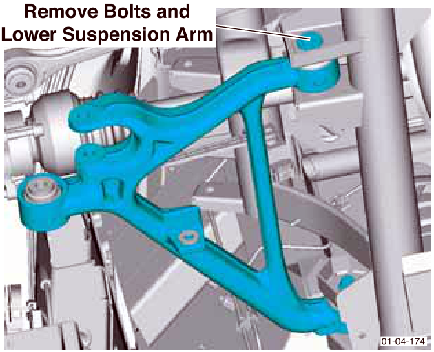 Lower suspension arm with bolts and arm indicated for removal