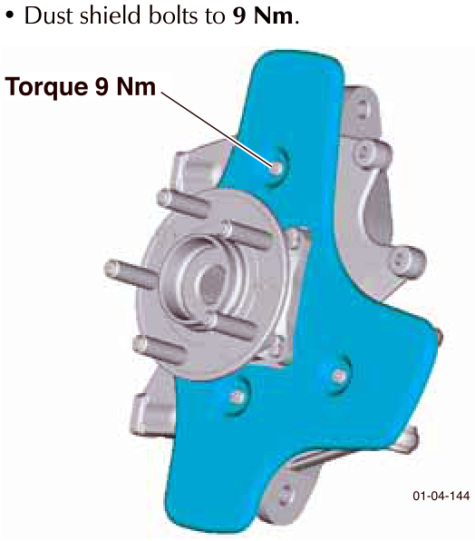 Bearing assembly with dust shield, showing a torque specification of 9 Nm on the dust shield bolts