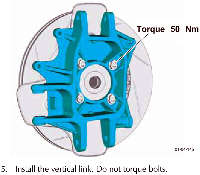 Vertical link installed on the bearing assembly, indicating a torque of 50 Nm for the bearing bolts