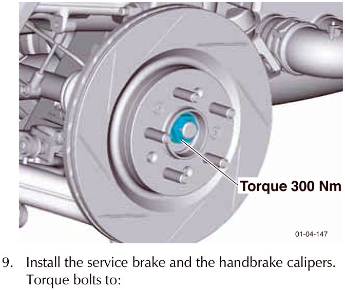 Brake calipers installed on the disc, indicating a torque specification of 300 Nm for the halfshaft nut