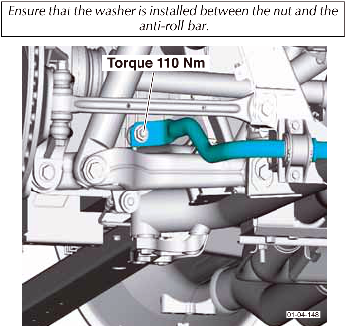 Anti-roll bar drop link installed, indicating a torque specification of 110 Nm