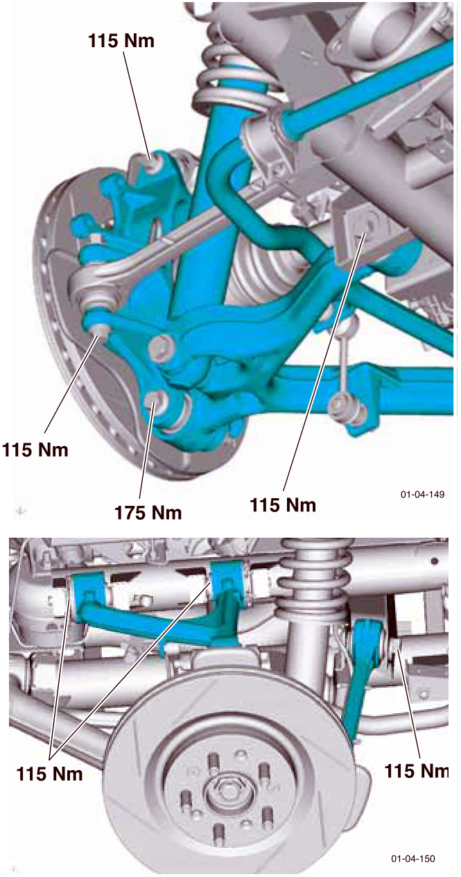 Diagram showing suspension arm and link connections with torque values 115 Nm and 175 Nm indicated at various points