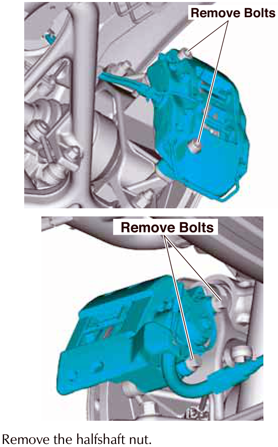 Two views of brake caliper removal with callout Remove Bolts