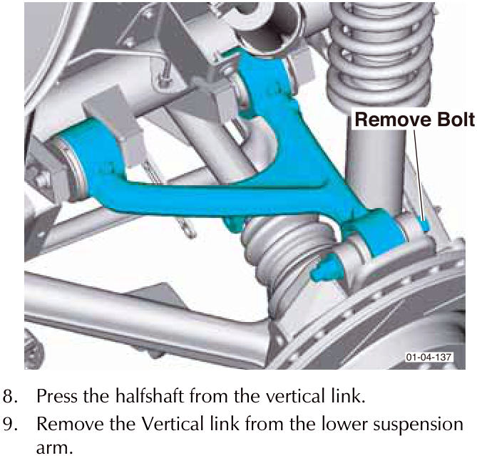 Diagram showing the removal of a bolt from the vertical link and suspension arm assembly