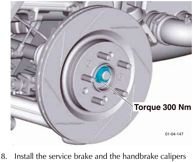 Diagram showing the halfshaft nut location on the wheel hub with a torque callout