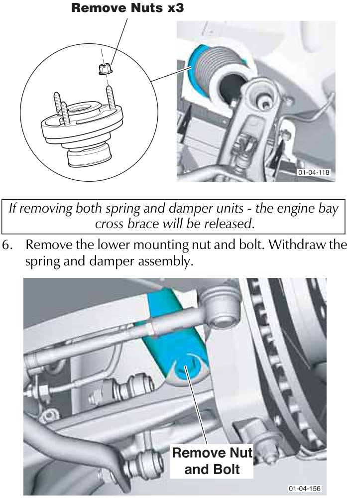 Top mount nut removal shown in a callout circle and an inset photo of the spring and damper assembly
