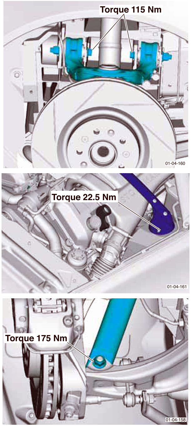 Suspension fixings showing torque values: 115 Nm for upper suspension arm, 22.5 Nm for top spring/damper bolt, 175 Nm for bottom spring/damper bolt