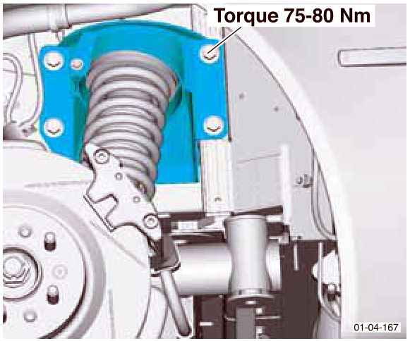View of the spring and damper assembly upper mounting bracket being torqued to 75-80 Nm