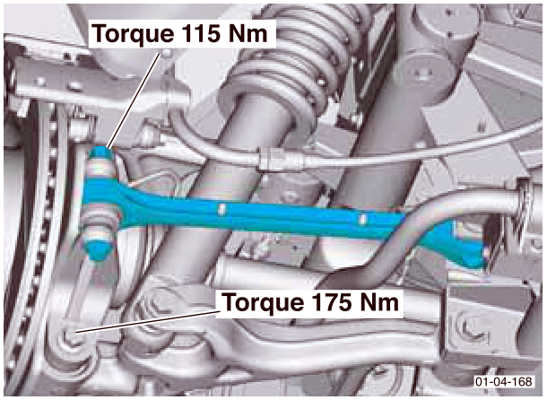 Diagram showing the track-rod arm and vertical link connections with callouts indicating Torque 115 Nm and Torque 175 Nm