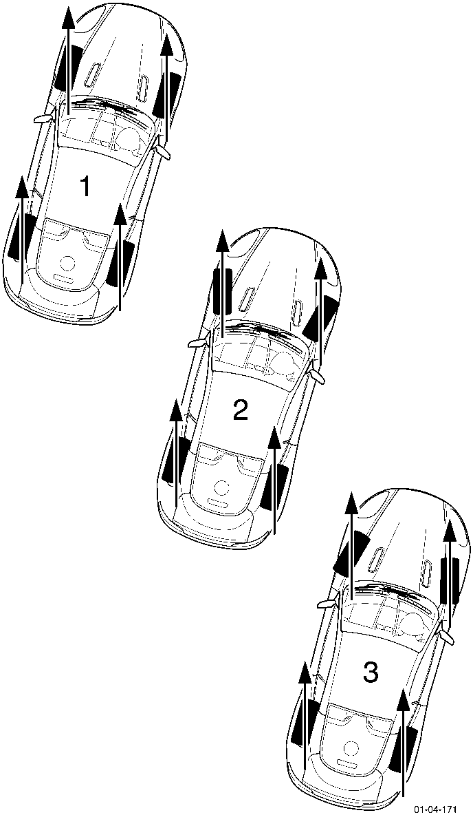 Diagram showing three overhead views of a car illustrating tyre wear patterns due to alignment issues, numbered 1, 2, and 3 with arrows indicating direction of travel and wear areas on the tyres.