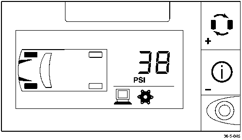 Diagram of the display screen showing numerical value '38' with PSI unit indicator and settings icons.
