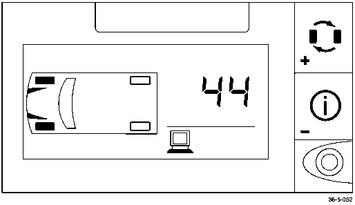 Diagram of a vehicle dashboard display showing a top-down view of a car, a digital readout of 44, and control buttons on the right side including plus/minus, information, and a rotary dial.