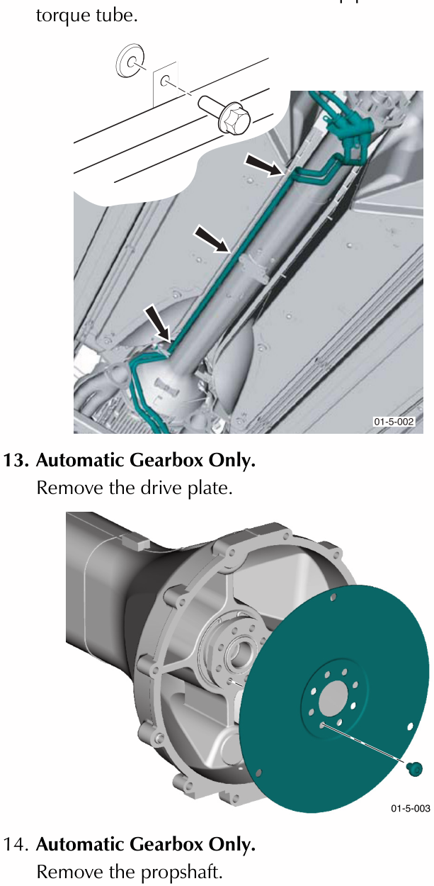 Diagram showing transmission oil coolant pipes being removed from the torque tube, indicated by arrows. Part number 01-5-002.