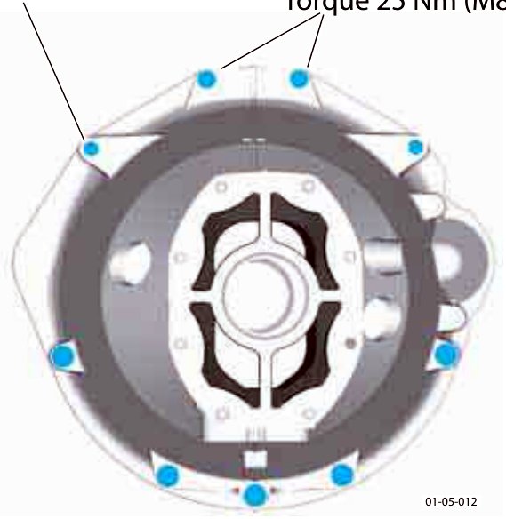 Rear view of the torque tube and bell housing showing bolt locations for M10x7 and M8x2 fasteners