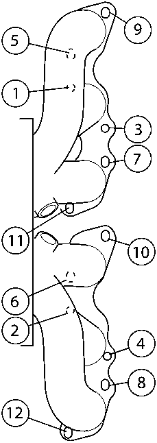 Diagram of the exhaust manifold with numbered tightening sequence from 1 to 12, oriented with Engine Front upwards