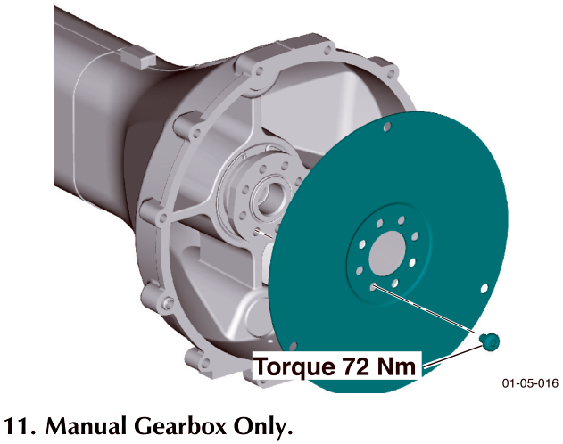 Drive plate installed on automatic gearbox input shaft with torque specification label