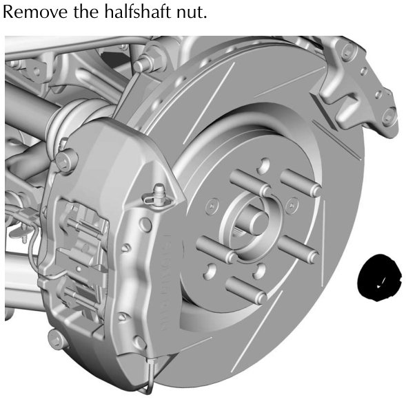 View of the wheel hub and brake assembly showing the halfshaft nut location