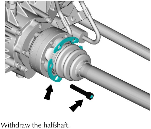 View of the halfshaft connection at the differential output with arrows indicating bolts and washers to be removed