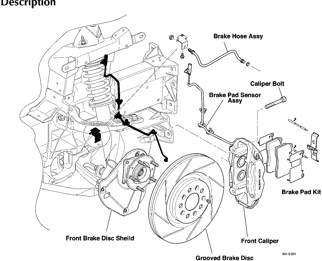 Exploded view diagram of the front disc brake assembly showing components including Brake Hose Assy, Caliper Bolt, Brake Pad Sensor Assy, Brake Pad Kit, Front Brake Disc Sheild, Front Caliper, and Grooved Brake Disc.