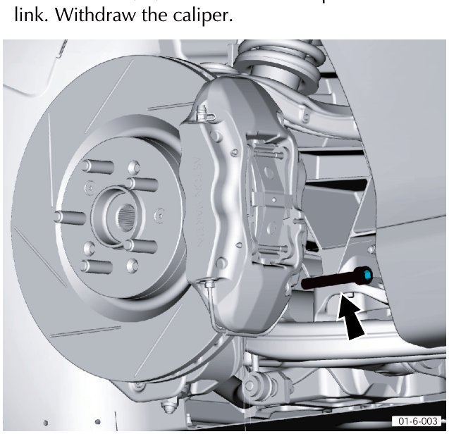 Diagram showing the caliper mounted on the vertical link with an arrow pointing to the securing bolts