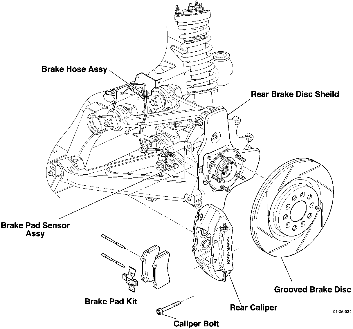 Diagram of rear brake assembly showing Brake Hose Assy, Rear Brake Disc Shield, Brake Pad Sensor Assy, Grooved Brake Disc, Brake Pad Kit, Rear Caliper, and Caliper Bolt