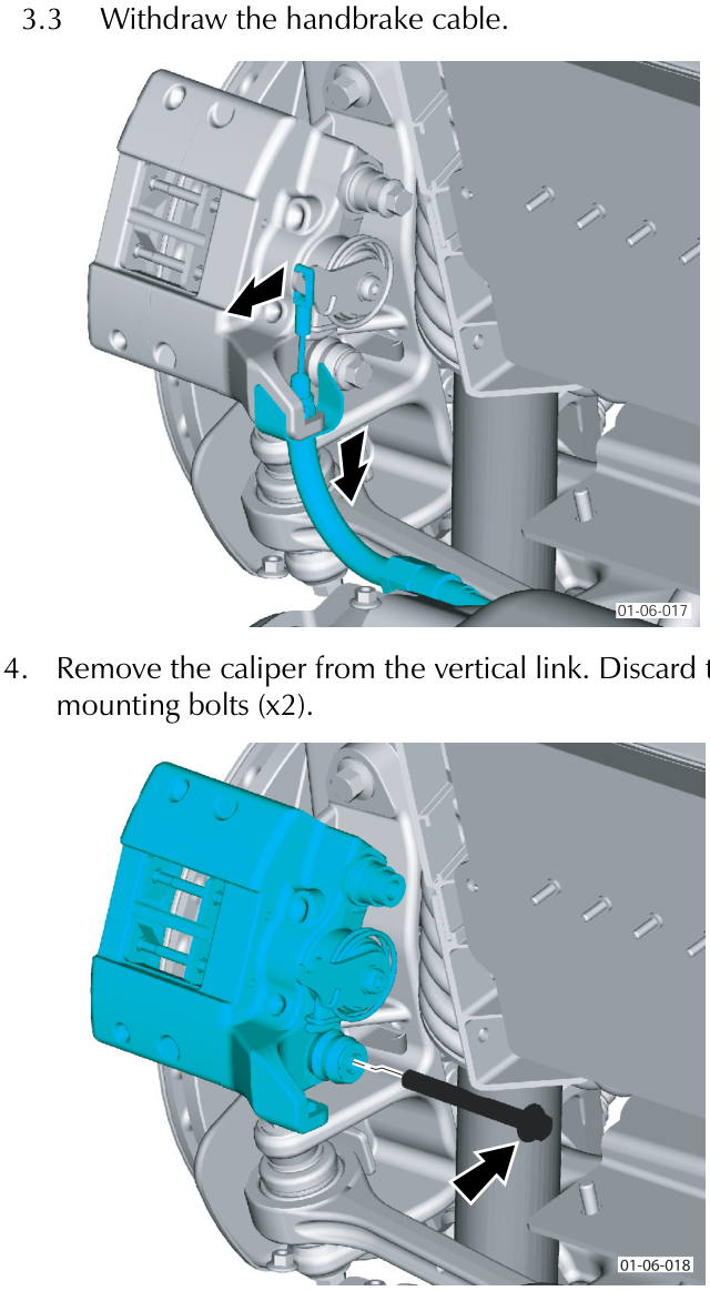 Diagram showing withdrawal of the handbrake cable from the caliper assembly