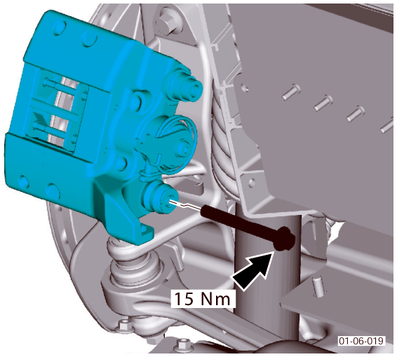 Diagram showing installation of the caliper with a torque specification of 15 Nm indicated on the bolt