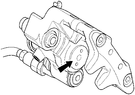 Line drawing of a brake caliper showing the piston being retracted with an arrow indicating direction