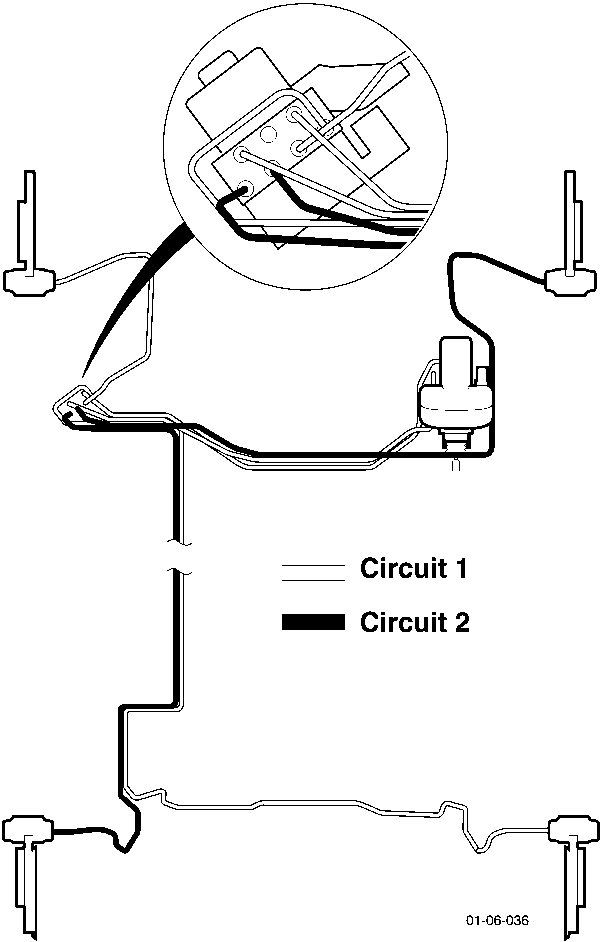 Schematic diagram of the two brake circuits (Circuit 1 and Circuit 2) connected to the master cylinder and wheel calipers