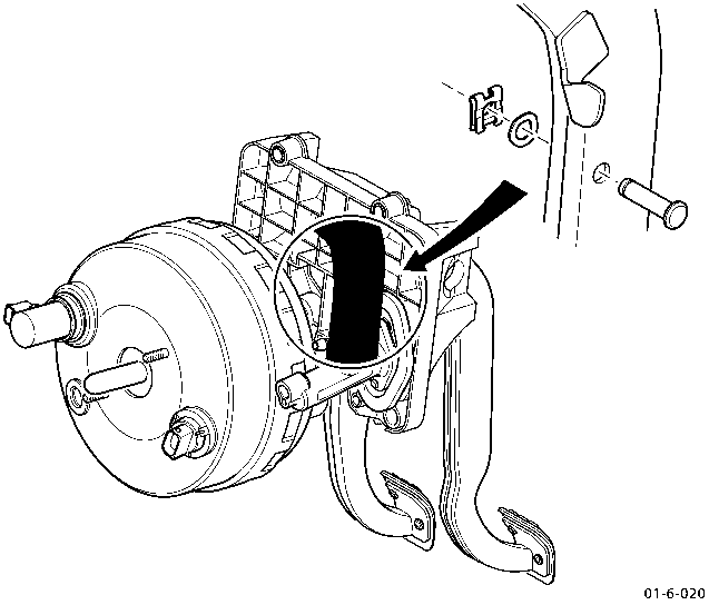Diagram showing brake booster with clevis pin highlighted by a black arrow