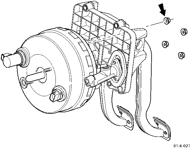 Diagram showing brake booster with four nuts indicated by arrows and dashed lines