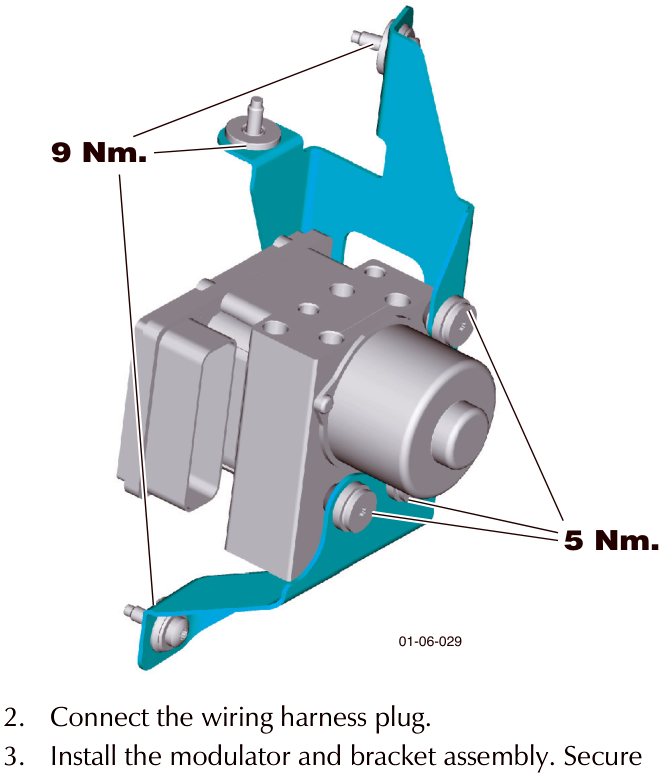 Diagram of modulator and bracket assembly showing torque values of 9 Nm and 5 Nm.