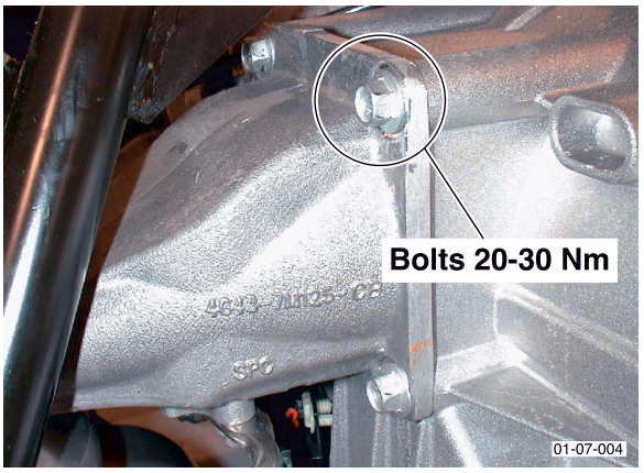 Photo of the transaxle mounting bracket showing bolts labeled 'Bolts 20-30 Nm'.