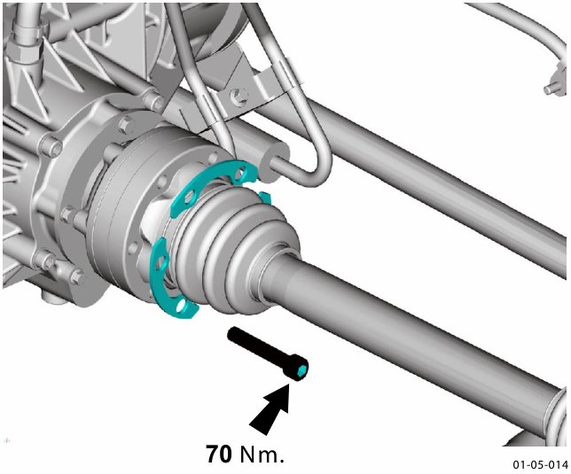 Diagram showing a halfshaft being installed into the differential output with an arrow indicating installation direction and torque value 70 Nm.
