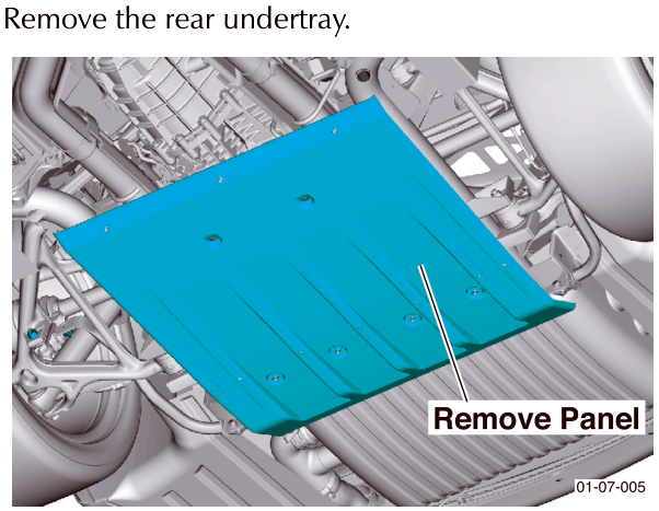 Diagram showing the removal of the rear undertray panel from the underside of the vehicle