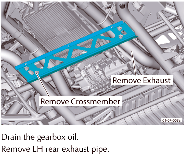 Diagram showing the removal of the subframe crossmember and exhaust pipe