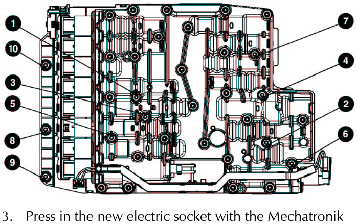 Diagram of the Mechatronik unit with numbered callouts indicating bolt tightening sequence
