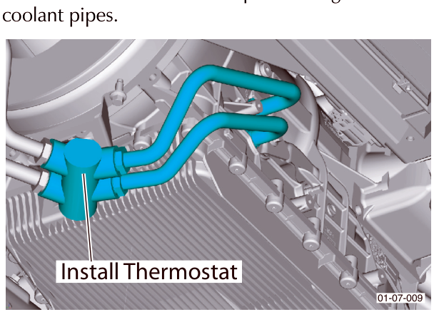 Diagram showing the installation of the oil thermostat and blue coolant pipes