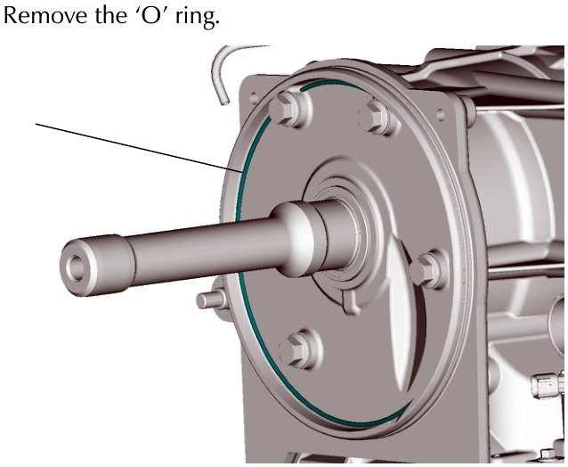 Diagram of a transaxle output shaft showing an O-ring seal on the flange face