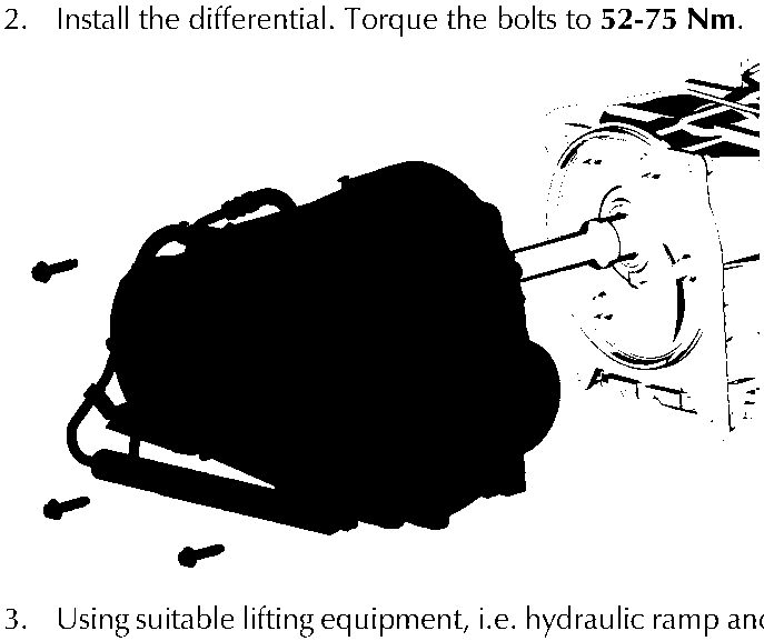 Diagram of a differential unit being positioned near a transaxle assembly using lifting equipment