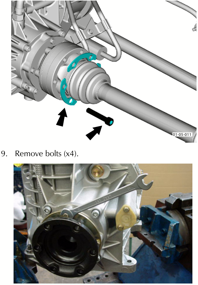 Diagram showing output shaft, halfshafts, and bolts being removed from the transmission assembly