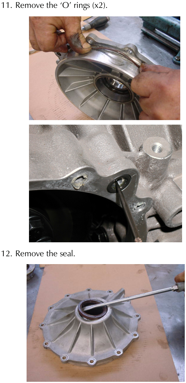 Two photographs showing hands removing an O-ring from a differential housing and using a tool to remove a seal from the cover.
