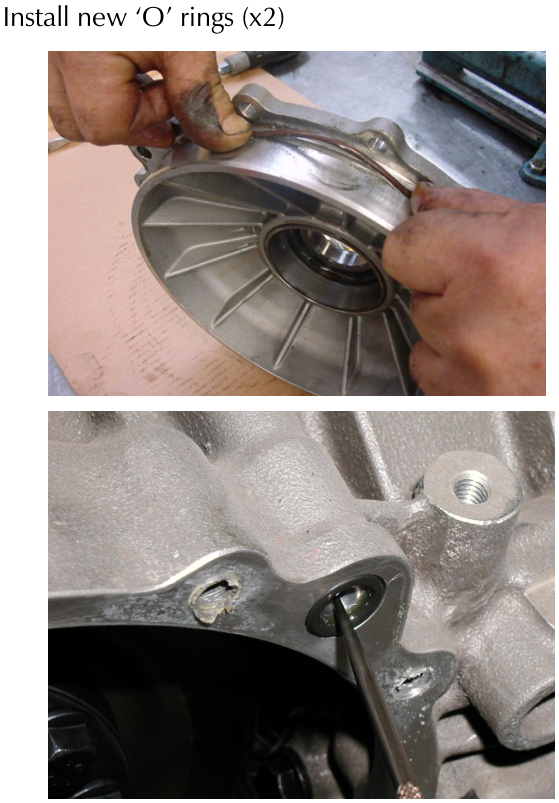 Two photographs showing hands installing an O-ring on a differential housing and inserting a tool into a bore.