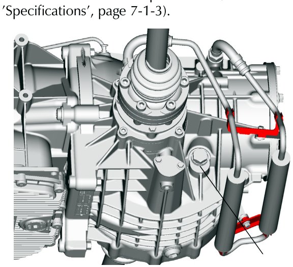 A technical illustration of the rear differential assembly showing cooling lines highlighted in red.
