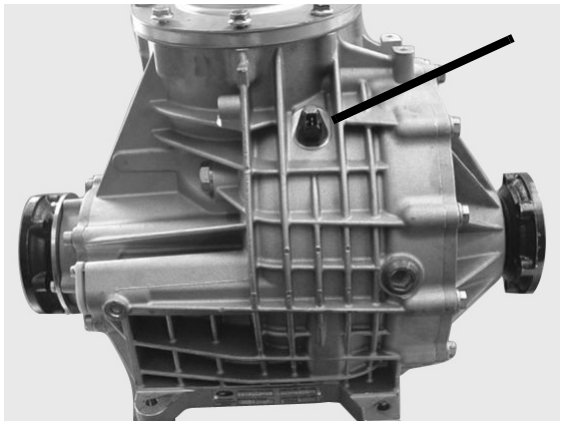 Photograph of the differential assembly with a black arrow pointing to the speed sensor location on top.