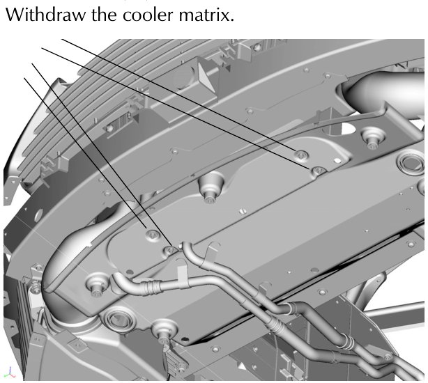 Diagram showing the cooler matrix secured by four bolts, with lines pointing to each bolt location on the assembly under the vehicle chassis.